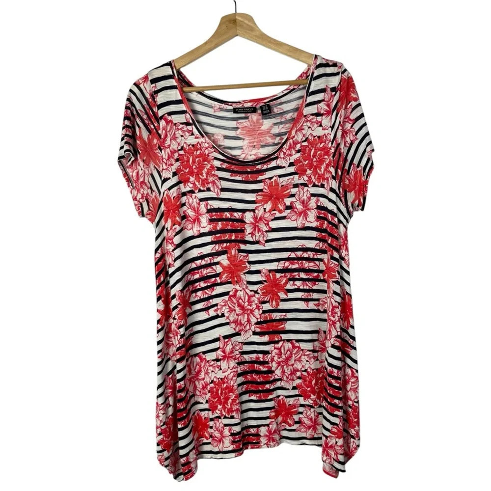 Jones New York Red Floral Stripe Scoop Neck Short Sleeve T-Shirt 1X